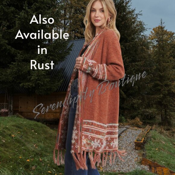 Jade Green Tribal Print Jacquard Knit Fringe Comfy Long Sweater Duster Cardigan - Picture 7 of 9